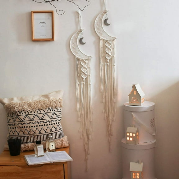 2Pcs Large Dream Catchers for Wall Hanging, Handmade Boho Macrame Wall Hanging Woven Decoration Ornament with LED String Lights, Cotton Decoration for Room Wedding Home Decor, Moon