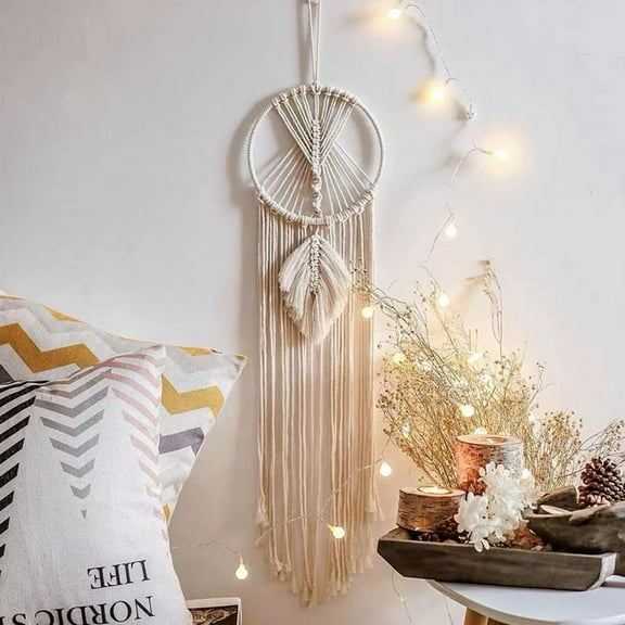 2Pcs Large Dream Catchers for Wall Hanging, Handmade Boho Macrame Wall Hanging Woven Decoration Ornament with LED String Lights, Cotton Decoration for Room Wedding Home Decor, Leaf