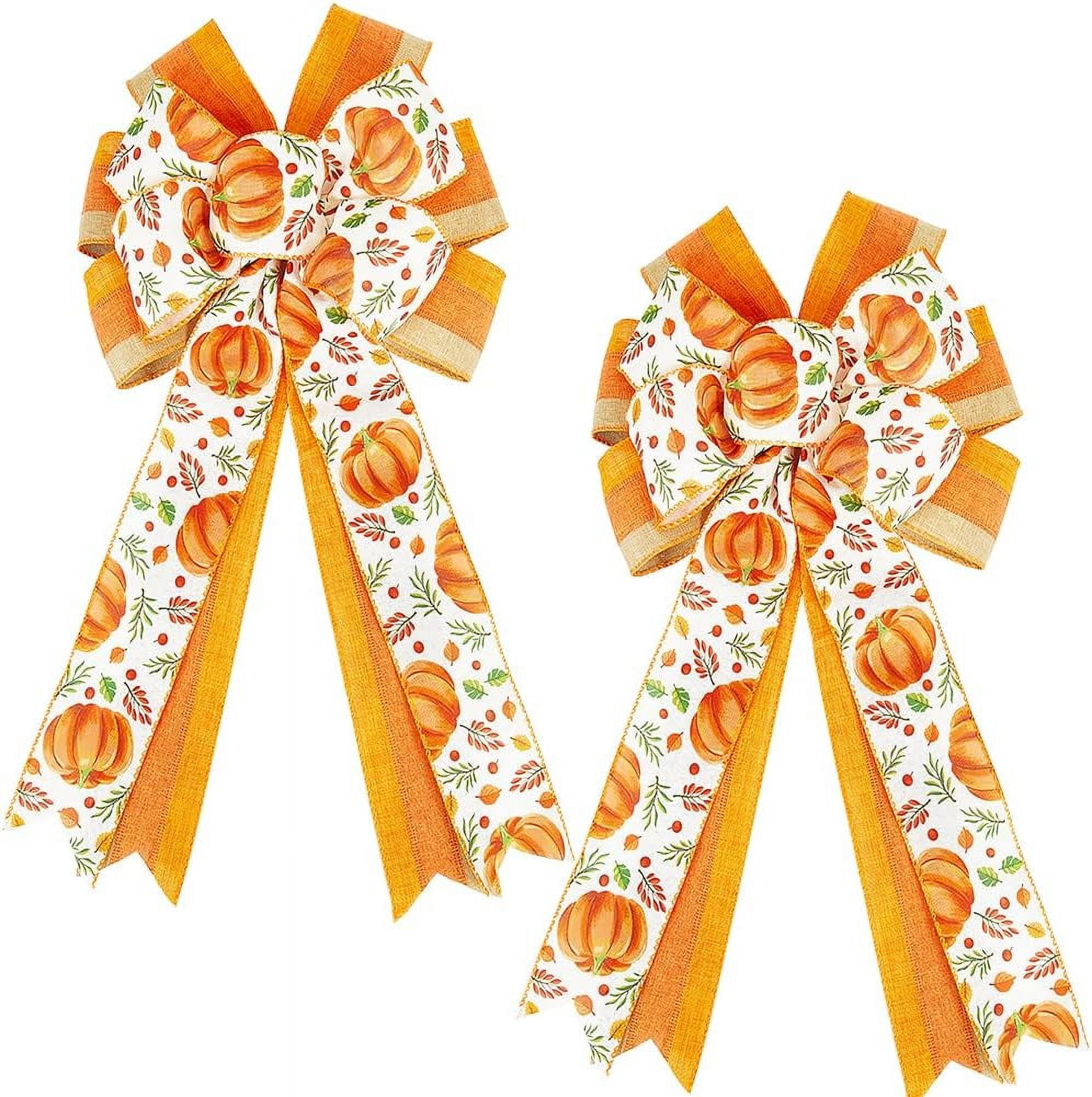 2Pcs Large Fall Wreath Bows Thanksgiving Day Pre-Tied Pumpkin Autumn Orange Burlap Plaid Bow for Farmhouse Holiday Hanging Yarn Outdoor Indoor Front Door Tree Fence Party Decor DIY