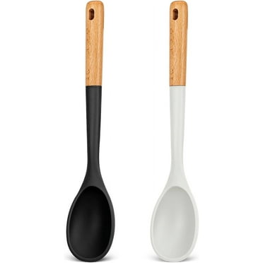 2Pcs Large Silicone Cooking Spoons, Nonstick Solid Wooden Handle Spoon, Heat Resistan Silicone Kitchen Spoons for Cooking, Serving, Basting, Mixing, 13.2inch