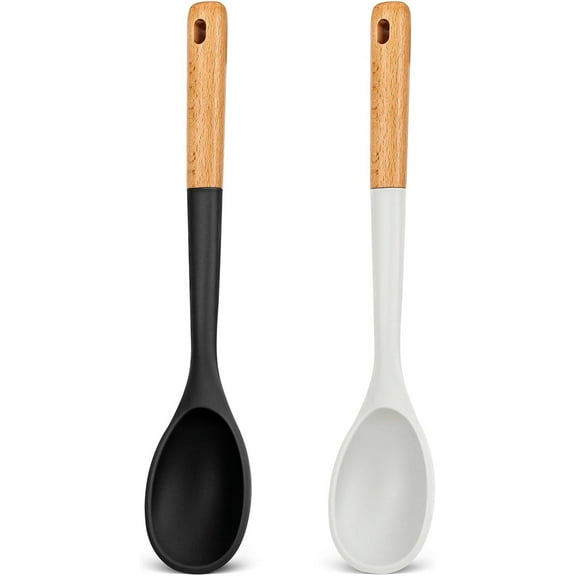 2Pcs Large Silicone Cooking Spoons, Nonstick Solid Wooden Handle Spoon, Heat Resistan Silicone Kitchen Spoons for Cooking, Serving, Basting, Mixing, 13.2inch