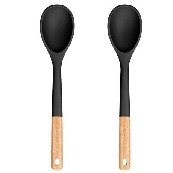 2Pcs Large Silicone Cooking Spoons, Nonstick Solid Wooden Handle Spoon, Heat Resistan Silicone Kitchen Spoons for Cooking, Serving, Basting, Mixing, 13.2inch