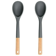 2Pcs Large Silicone Cooking Spoons, Nonstick Solid Wooden Handle Spoon, Heat Resistan Silicone Kitchen Spoons for Cooking, Serving, Basting, Mixing, 13.2inch