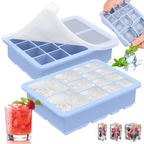 2Pcs Large Silicone Ice Cube Tray with Lid Reusable Multi Size 13 Grid Square Ice Cube Mold for Freezer Whiskey Cocktail and Baby Food