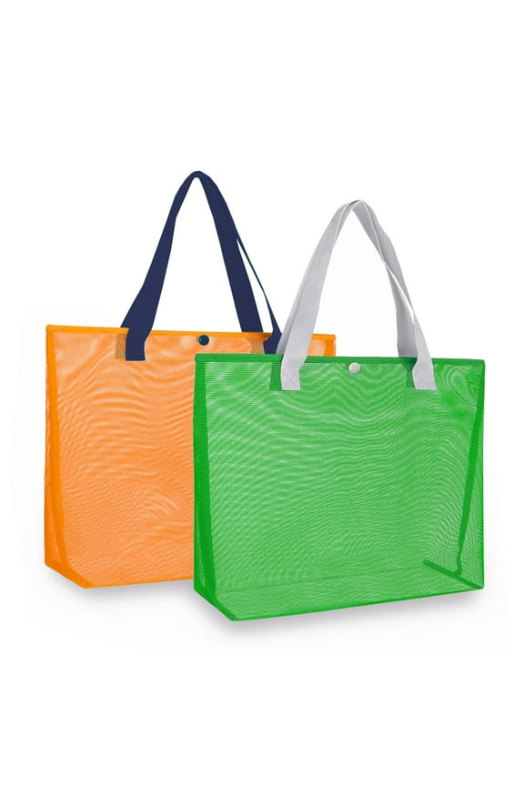 2Pcs Large lightweight Mesh Beach Tote Bag With Button Reusable Pool Bag for Travel Shopping Gym