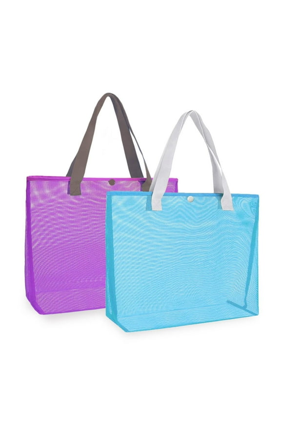 2Pcs Large lightweight Mesh Beach Tote Bag With Button Reusable Pool Bag for Travel Shopping Gym