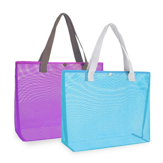 2Pcs Large lightweight Mesh Beach Tote Bag With Button Reusable Pool Bag for Travel Shopping Gym