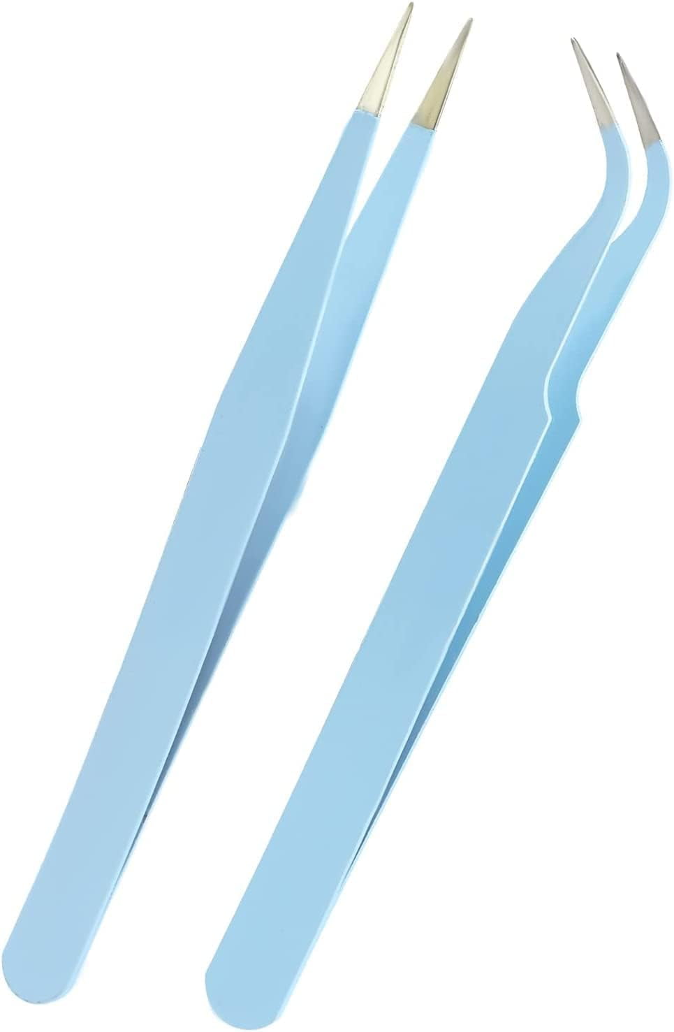 2Pcs Lash Tweezers, Stainless Steel Eyelash Extension Tweezers Straight and Curved Tip Eyelash Tweezers (Blue)