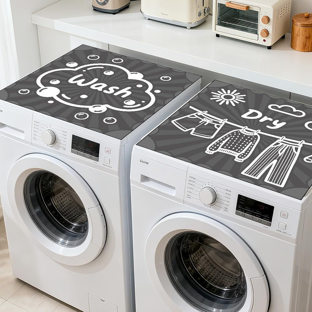 2Pcs Laundry Room Washer Dryer Dust Cover Mat 23.6x23.6inch Wash and Dry Text Washing Machine Top Protector Pads Non Slip Washing