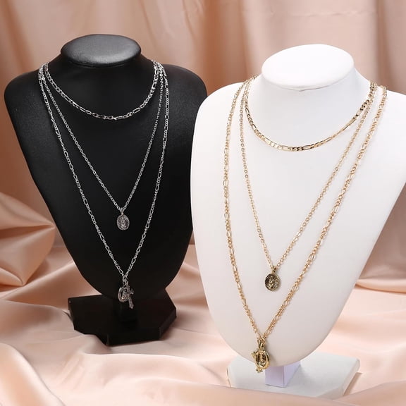 2Pcs Layered Choker Necklaces For Women Tag Coin Cross Crucifix Blessed Virgin Mary Pendant Necklace Chain Silver Tone Gold Tone[o4538]