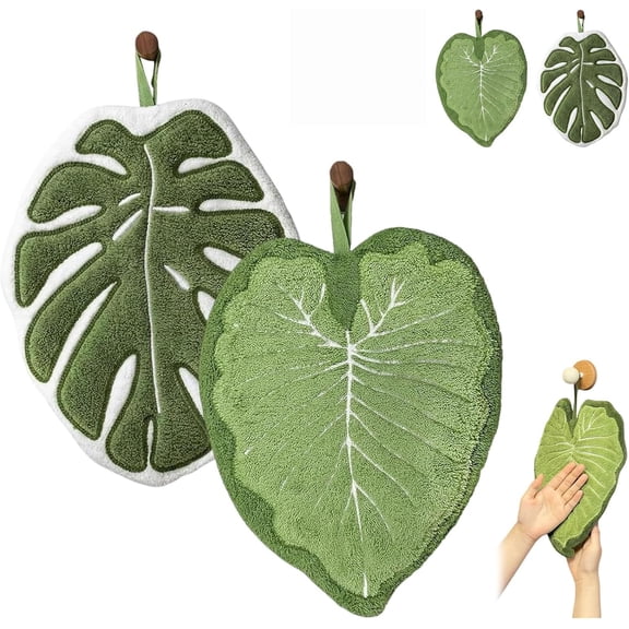 2Pcs Leaf Shaped Hand Towels, Monstera and Taro Leaf Design Absorbent Hanging Towels, Soft Absorbent Microfiber Towels for Kitchen Bathroom Decoration
