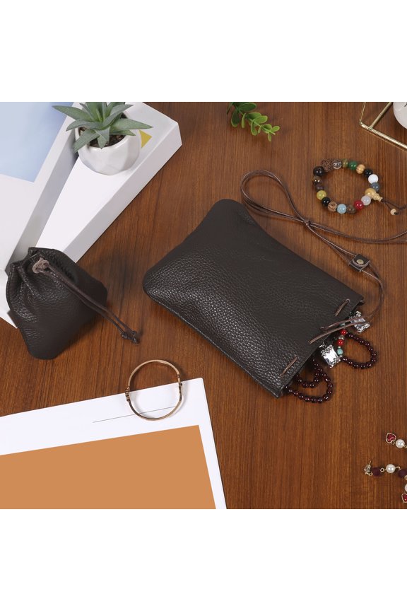 2Pcs Leather Drawstring Pouch Cowhide Leather Jewelry Storage Bag Portable changes Purse Carry Bag for Rings Necklace Earphone