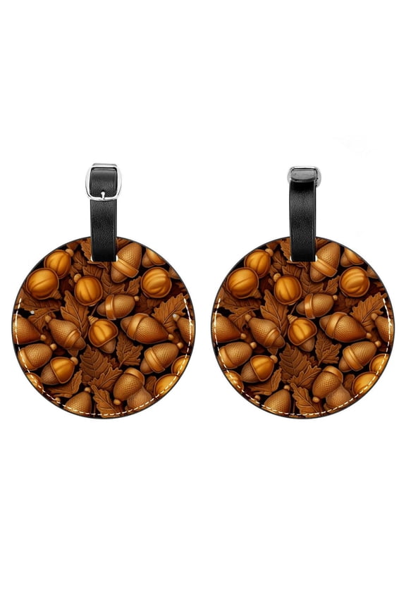 2Pcs Leather Round Acorns Cruise Luggage Tag with Privacy Cover and Name ID Tag - Suitable for Travel Handbags Backpacks School Bags Luggage Tags