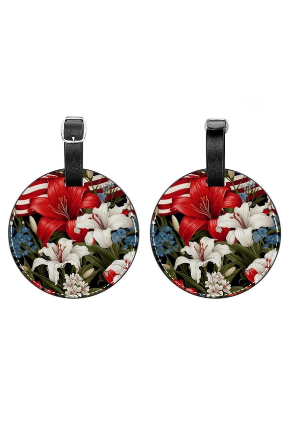 2Pcs Leather Round American Flag and Plants Cruise Luggage Tag with Privacy Cover and Name ID Tag - Suitable for Travel Handbags Backpacks School Bags Luggage Tags