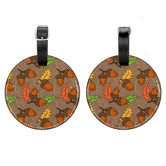 2Pcs Leather Round Autumn Maple Leaf Acorn Nut Cruise Luggage Tag with Privacy Cover and Name ID Tag - Suitable for Travel Handbags Backpacks School Bags Luggage Tags