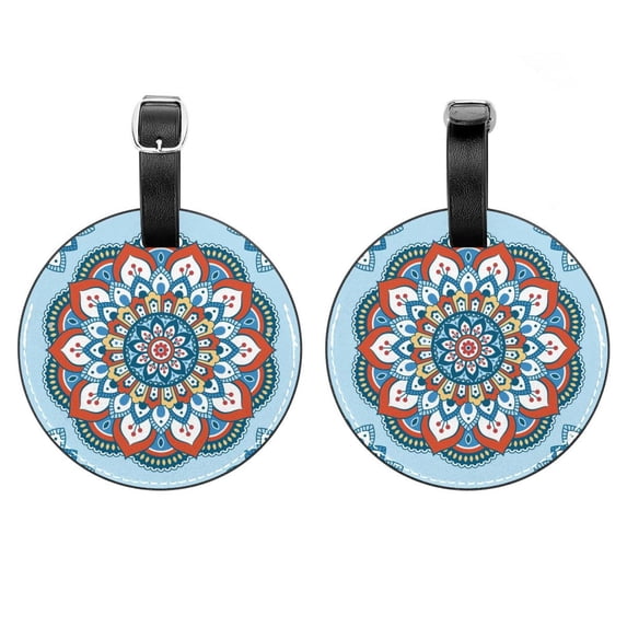 2Pcs Leather Round Blue Mandalas Florals Cruise Luggage Tag with Privacy Cover and Name ID Tag - Suitable for Travel Handbags Backpacks School Bags Luggage Tags