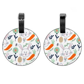 2Pcs Leather Round Bunny Egg Carrot Floral Elements Cruise Luggage Tag with Privacy Cover and Name ID Tag - Suitable for Travel Handbags Backpacks School Bags Luggage Tags