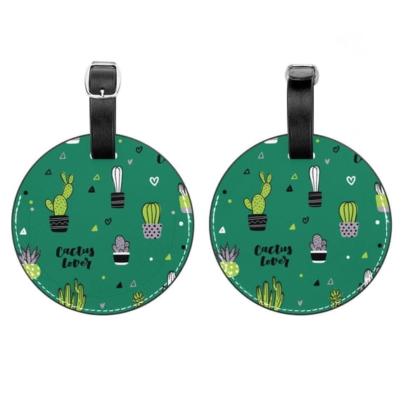 2Pcs Leather Round Cactus Cruise Luggage Tag with Privacy Cover and Name ID Tag - Suitable for Travel Handbags Backpacks School Bags Luggage Tags