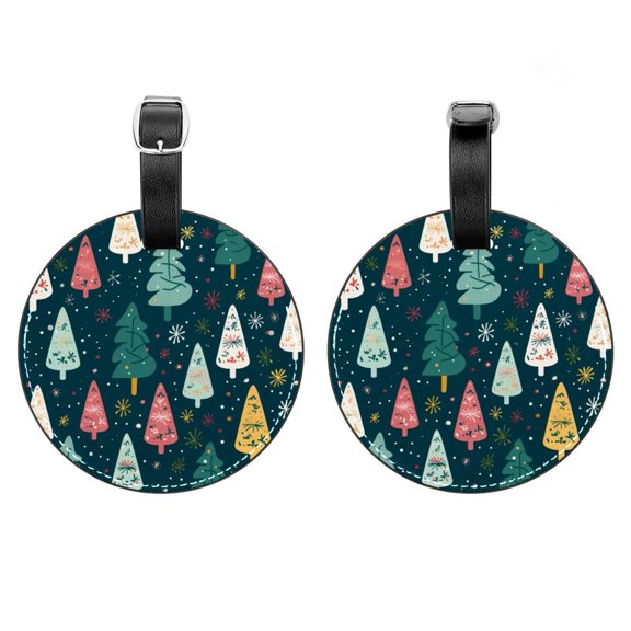 2Pcs Leather Round Christmas Tree Cruise Luggage Tag with Privacy Cover and Name ID Tag - Suitable for Travel Handbags Backpacks School Bags Luggage Tags