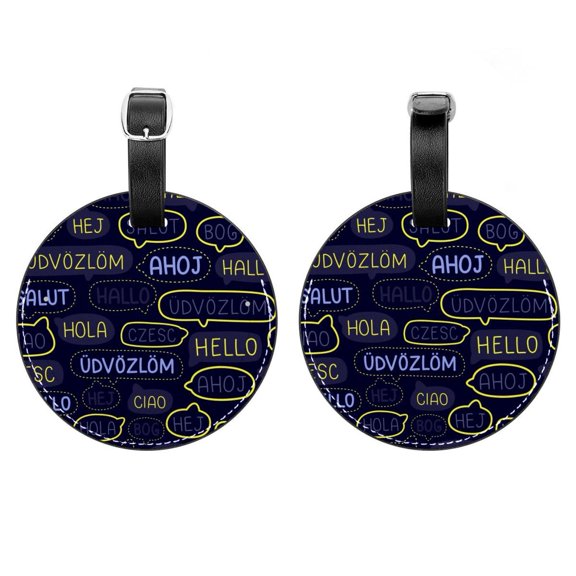 2Pcs Leather Round Different Language Cruise Luggage Tag with Privacy Cover and Name ID Tag - Suitable for Travel Handbags Backpacks School Bags Luggage Tags
