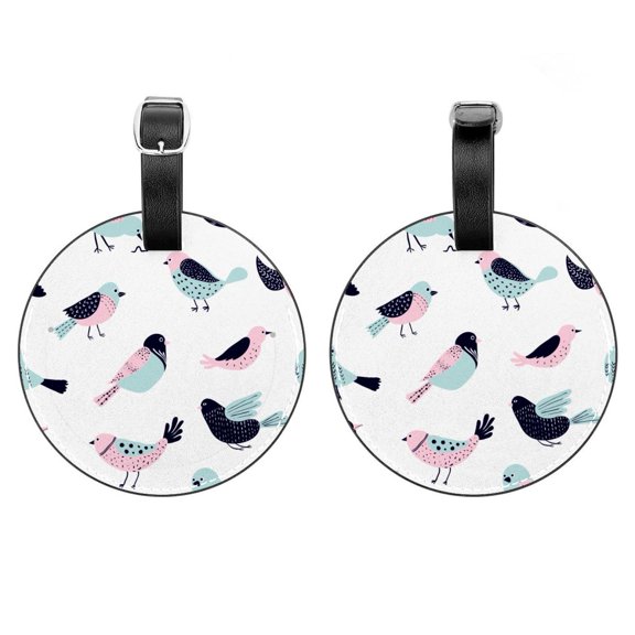 2Pcs Leather Round Doodle Bird Cruise Luggage Tag with Privacy Cover and Name ID Tag - Suitable for Travel Handbags Backpacks School Bags Luggage Tags