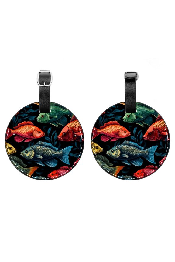 2Pcs Leather Round Fish Cruise Luggage Tag with Privacy Cover and Name ID Tag - Suitable for Travel Handbags Backpacks School Bags Luggage Tags
