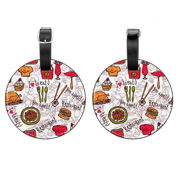 2Pcs Leather Round Food Pattern Cruise Luggage Tag with Privacy Cover and Name ID Tag - Suitable for Travel Handbags Backpacks School Bags Luggage Tags