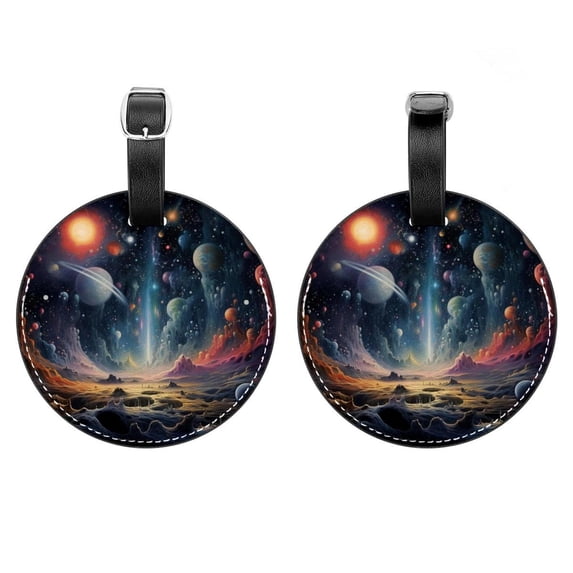 2Pcs Leather Round Galaxy Cruise Luggage Tag with Privacy Cover and Name ID Tag - Suitable for Travel Handbags Backpacks School Bags Luggage Tags