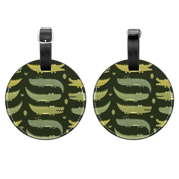 2Pcs Leather Round Gator Crocodile Cruise Luggage Tag with Privacy Cover and Name ID Tag - Suitable for Travel Handbags Backpacks School Bags Luggage Tags