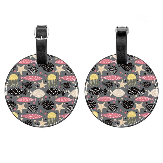 2Pcs Leather Round Jellyfish Cruise Luggage Tag with Privacy Cover and Name ID Tag - Suitable for Travel Handbags Backpacks School Bags Luggage Tags