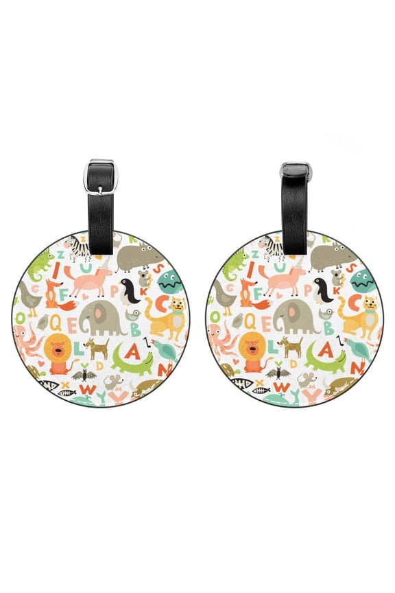 2Pcs Leather Round Kids Wild Animals Alphabets Cruise Luggage Tag with Privacy Cover and Name ID Tag - Suitable for Travel Handbags Backpacks School Bags Luggage Tags