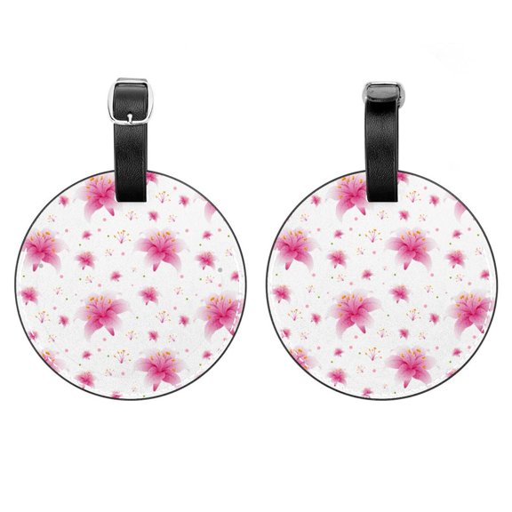 2Pcs Leather Round Lily Flowers Blooming Cruise Luggage Tag with Privacy Cover and Name ID Tag - Suitable for Travel Handbags Backpacks School Bags Luggage Tags