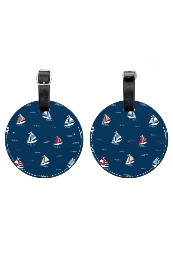 2Pcs Leather Round Nautical Boat Blue Cruise Luggage Tag with Privacy Cover and Name ID Tag - Suitable for Travel Handbags Backpacks School Bags Luggage Tags