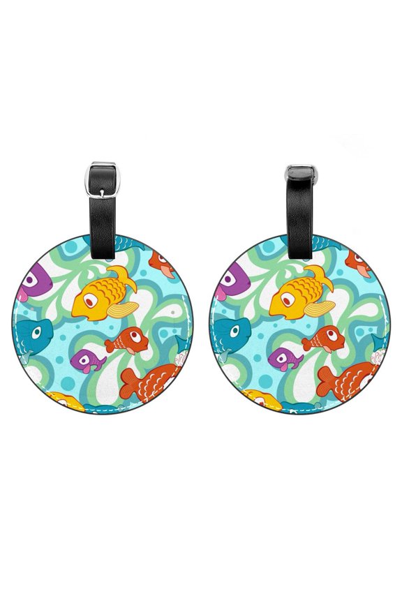 2Pcs Leather Round Ocean Underwater Fish Cruise Luggage Tag with Privacy Cover and Name ID Tag - Suitable for Travel Handbags Backpacks School Bags Luggage Tags