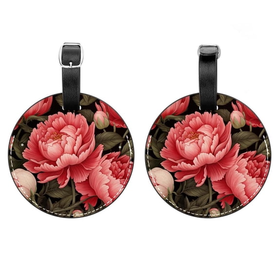 2Pcs Leather Round Peony Cruise Luggage Tag with Privacy Cover and Name ID Tag - Suitable for Travel Handbags Backpacks School Bags Luggage Tags