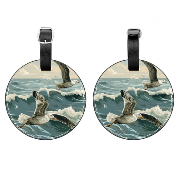 2Pcs Leather Round Seagull Cruise Luggage Tag with Privacy Cover and Name ID Tag - Suitable for Travel Handbags Backpacks School Bags Luggage Tags