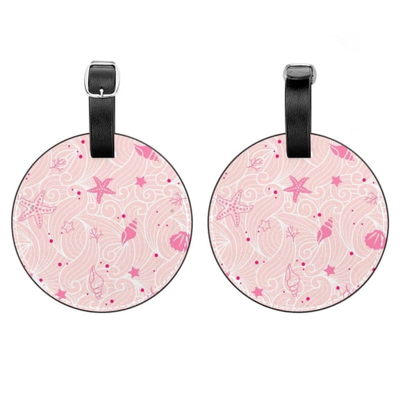 2Pcs Leather Round Shellfish Summer Beach Cruise Luggage Tag with Privacy Cover and Name ID Tag - Suitable for Travel Handbags Backpacks School Bags Luggage Tags