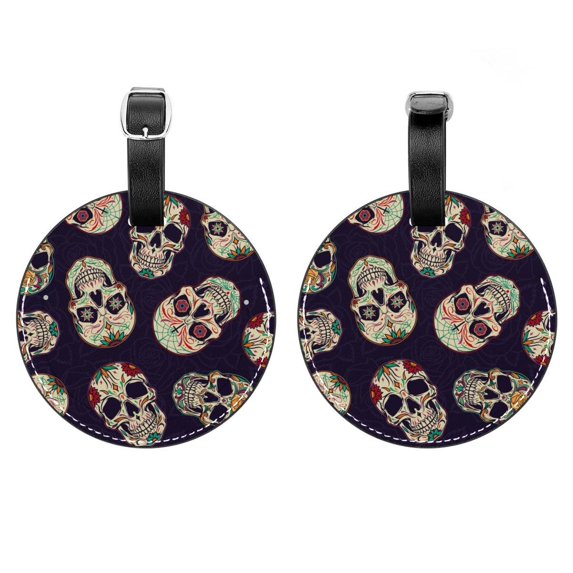 2Pcs Leather Round Skull Cruise Luggage Tag with Privacy Cover and Name ID Tag - Suitable for Travel Handbags Backpacks School Bags Luggage Tags