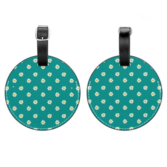 2Pcs Leather Round White Daisy Cruise Luggage Tag with Privacy Cover and Name ID Tag - Suitable for Travel Handbags Backpacks School Bags Luggage Tags