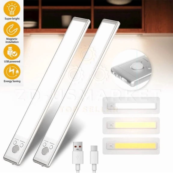 2Pcs Led Under Cabinet Closet Light Magnetic Lighting Strip Bar Lights Usb Lamp