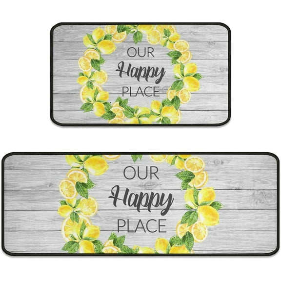 2Pcs Lemon Kitchen Rugs and Mats Non Slip Set of 2 Our Happy Place Lemon Mats for Spring Summer Indoor Kitchen Floor Decor Waterproof Standing Kitchen Runner Mats 17”x30”+17”x47”
