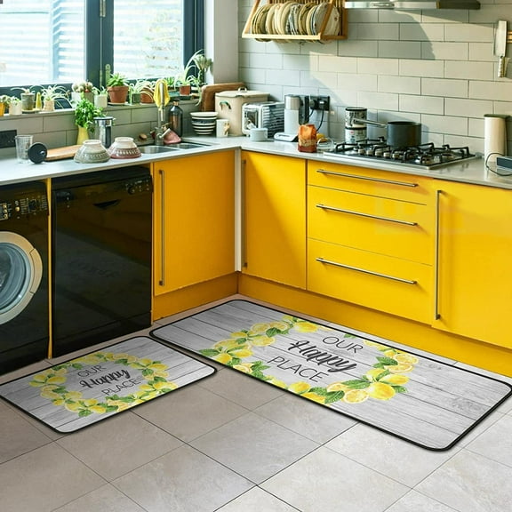 2Pcs Lemon Kitchen Rugs and Mats Non Slip Set of 2 Our Happy Place Lemon Mats for Spring Summer Indoor Kitchen Floor Decor Waterproof Standing Kitchen Runner Mats 17”x30”+17”x47”