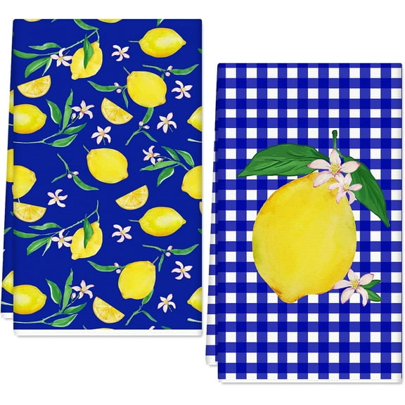 2Pcs Lemon Kitchen Towel Blue Plaid Dish Towels 18 x 26 Inch Summer Gingham Hand Drying Tea Towel for Cooking Baking Cleaning