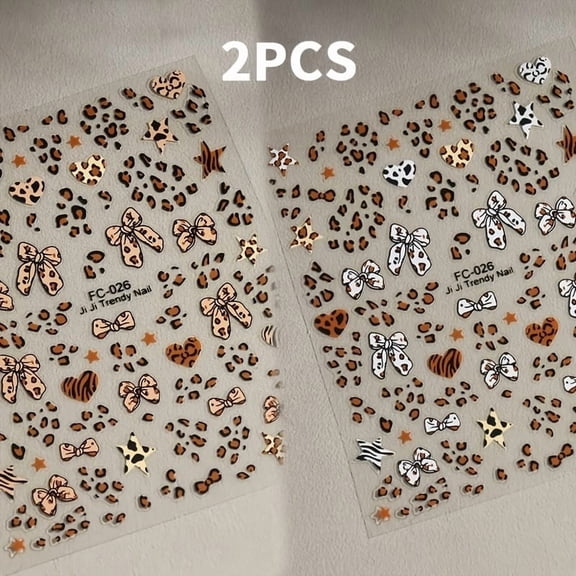 2Pcs Leopard Print Bowknot Nail Art Stickers - Stylish DIY Nail Wraps for Unique Nail Designs