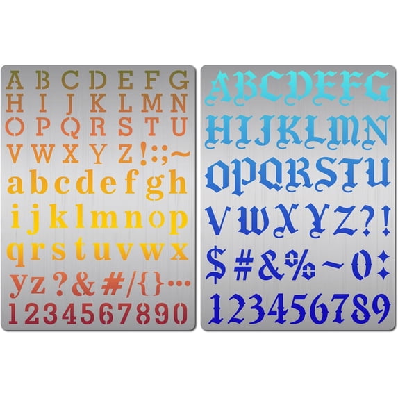 2Pcs Letter Metal Stencils Reusable Alphabet Number Symbol Templates Stainless Steel Stencils for Engraving Wood Burning Pyrography Lettering Journaling Painting Wood Wall Canvas 7.5x5.5in Silver