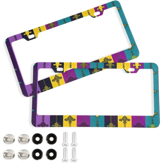 2Pcs License Plate Frames Mardi Gras Universal Aluminum License Plate Holder Cover Rust-Proof Car Tag Frame with Screw Caps Home Decor