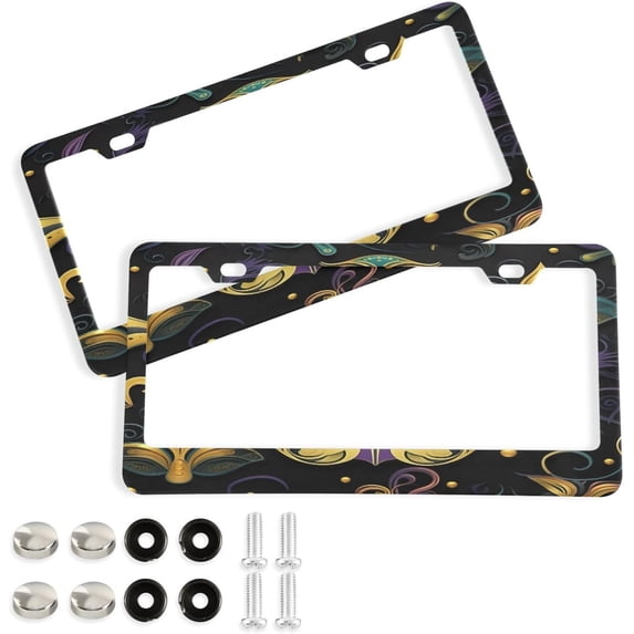 2Pcs License Plate Frames Mardi Gras Universal Aluminum License Plate Holder Cover Rust-Proof Car Tag Frame with Screw Caps Home Decor