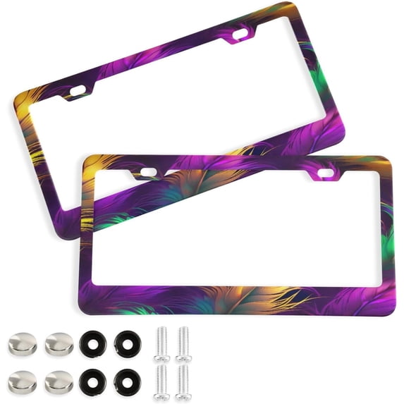 2Pcs License Plate Frames Mardi Gras Universal Aluminum License Plate Holder Cover Rust-Proof Car Tag Frame with Screw Caps Home Decor