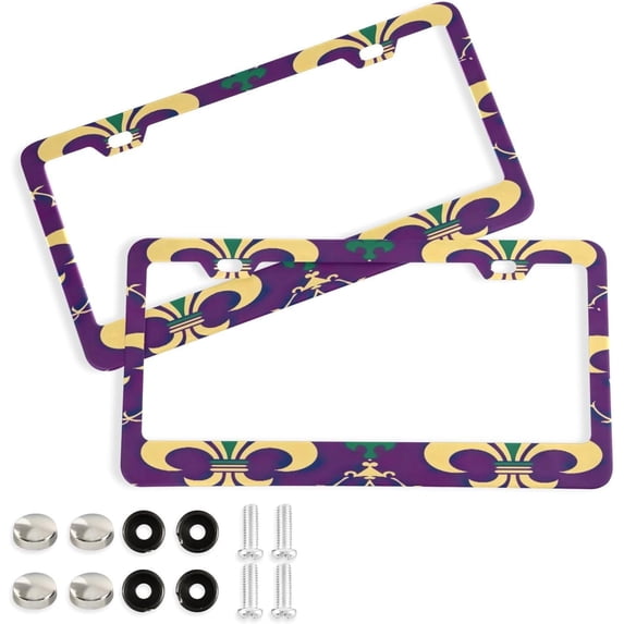 2Pcs License Plate Frames Mardi Gras Universal Aluminum License Plate Holder Cover Rust-Proof Car Tag Frame with Screw Caps Home Decor
