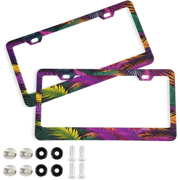 2Pcs License Plate Frames Mardi Gras Universal Aluminum License Plate Holder Cover Rust-Proof Car Tag Frame with Screw Caps Home Decor